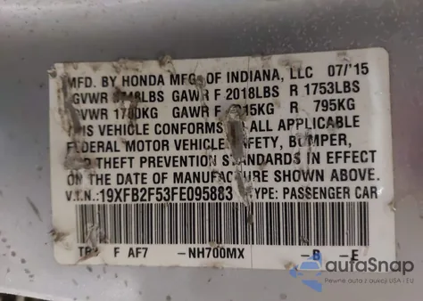 2015 Honda Civic Lx from USA, damaged, VIN 19XFB2F53FE095883